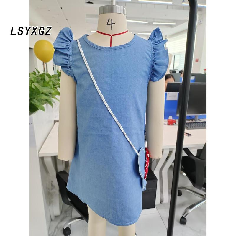 Baby Girl Summer Flying Sleeve Denim Dress Bow with Mouse Bag Dresses 5