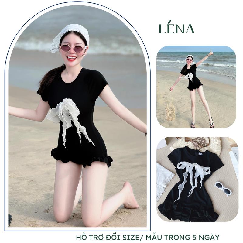 (Có BIGSIZE - Có Dây kéo) Jumpsuit  bikini nữ màu đen nơ trắng tay ngắn liền thân quần bèo LENA 3105 - Đồ đi biển đáng yêu Hàn quốc Thun ÁO