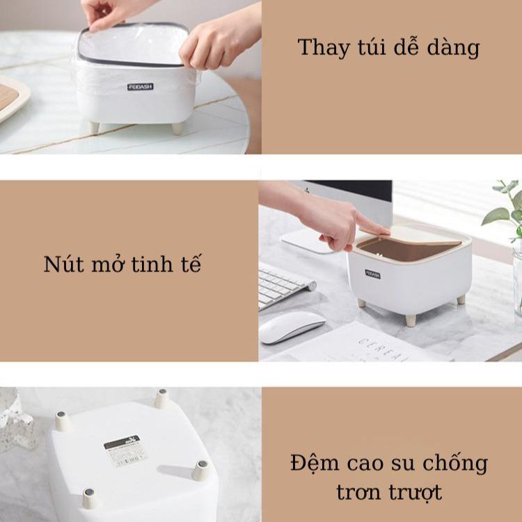 Thùng rác mini thông minh để bàn, thể tích 2L, có túi thay rác - Nhựa giả gỗ 1