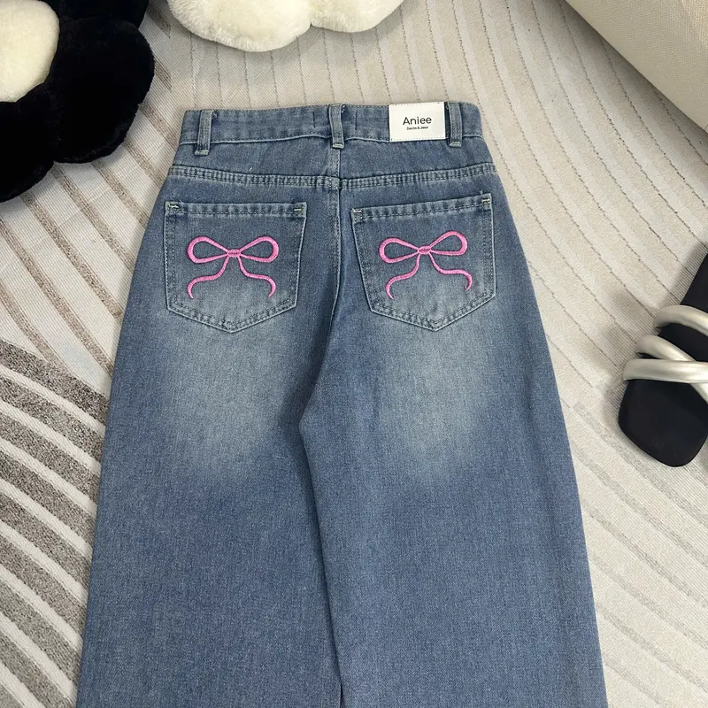Quần jean ống rộng,quần bò nữ ống suông Aniee cạp cao thêu nơ túi vải denim màu xanh sáng dài 90-92cm dành cho nấm lùn - SUONGTHEUNO Women 4