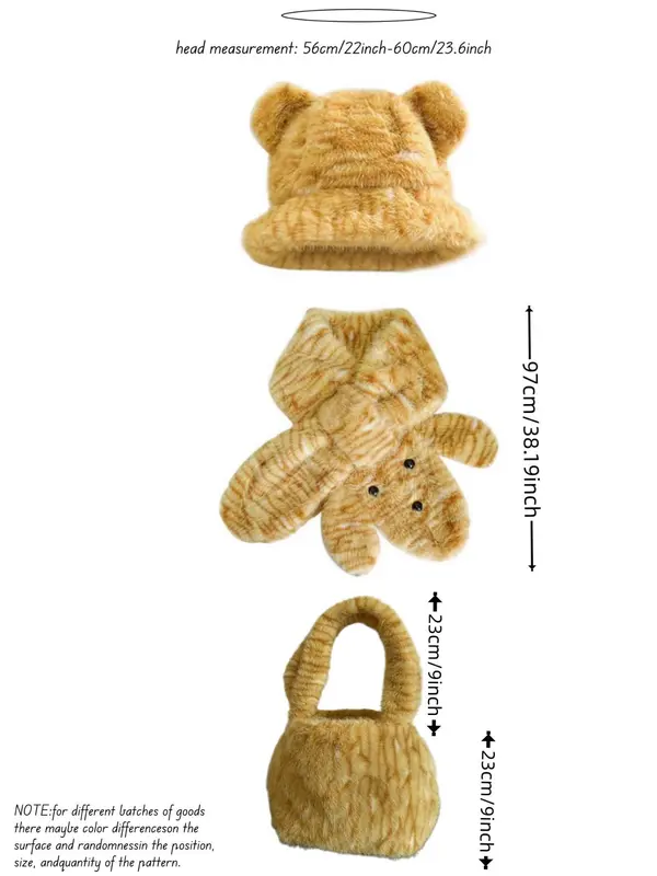 Cute Bear Ear Design Hat & Scarf & Bucket Bag Set, Casual Plush Tiger Pattern Hat & Scarf & Bag Set for Women & Men, Fashion Accessories for Daily Wear 1