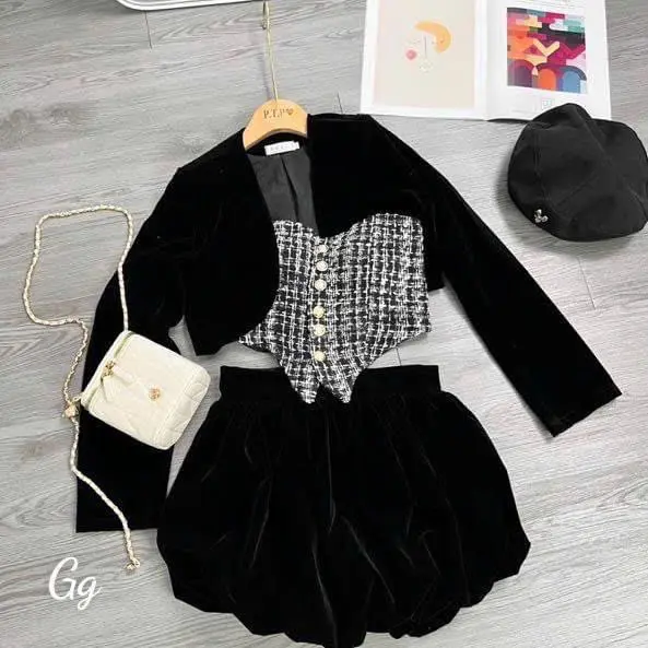 Set 3 món áo quây dạ kèm mút ᵰgực + khoác nhung+ quần nhung bí cá tính quyến rũ Women Nữ Kem Top 1