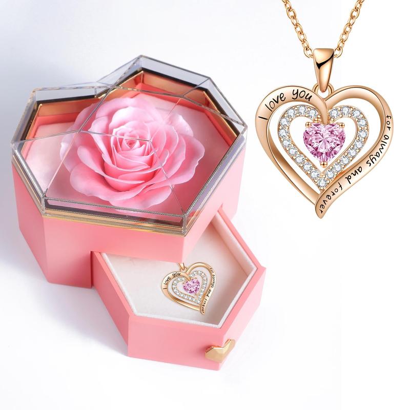 Boyfriend Gifts Artificial Rose Design Necklace with Gift Box & Gift Bag Set, 1 Count Artificial Flower Decor Heart Shaped Necklace Gift Set for Women 7