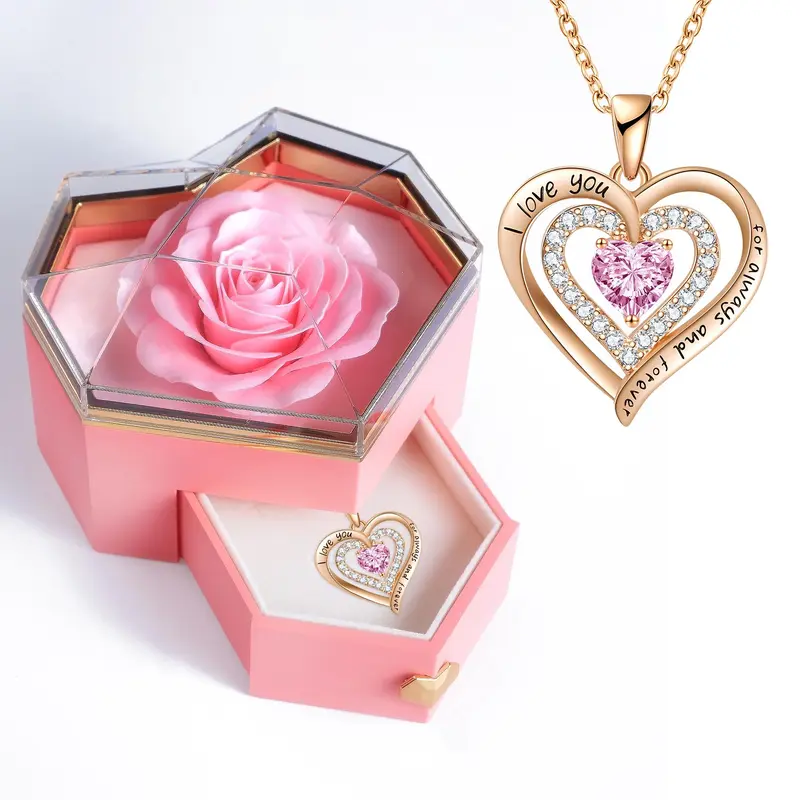 Boyfriend Gifts Artificial Rose Design Necklace with Gift Box & Gift Bag Set, 1 Count Artificial Flower Decor Heart Shaped Necklace Gift Set for Women 7