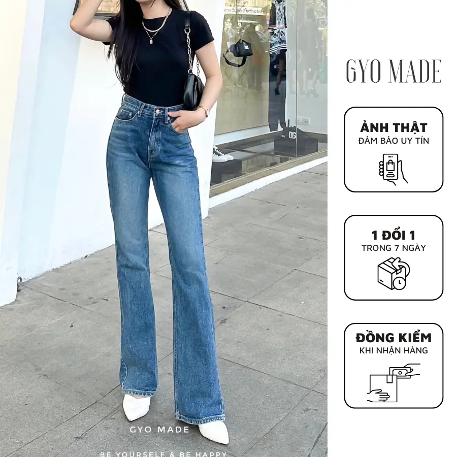 Quần Jean Nữ Ống Loe Nhẹ GYOMADE Lưng Cao Tôn Dáng, Đứng Form Phong Cách Trẻ Trung - GQ013B