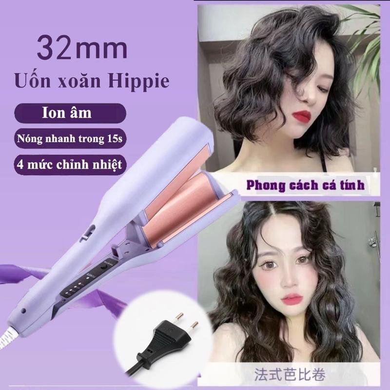 Máy Uốn Tóc Xoăn Sóng Nước Hippie 32mm Chất Liệu Gốm Sứ Ceramic Cao Cấp, Máy Làm Xoăn Sóng Nước Chỉnh Nhiệt Tiện Ích
