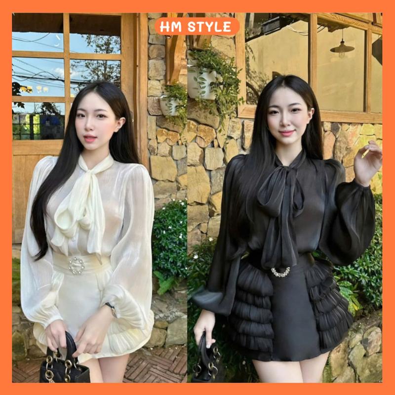 Set áo sơ mi dây tay bồng buộc nơ + Chân váy Tafta nhiều tầng đính Charm sang chảnh HB477