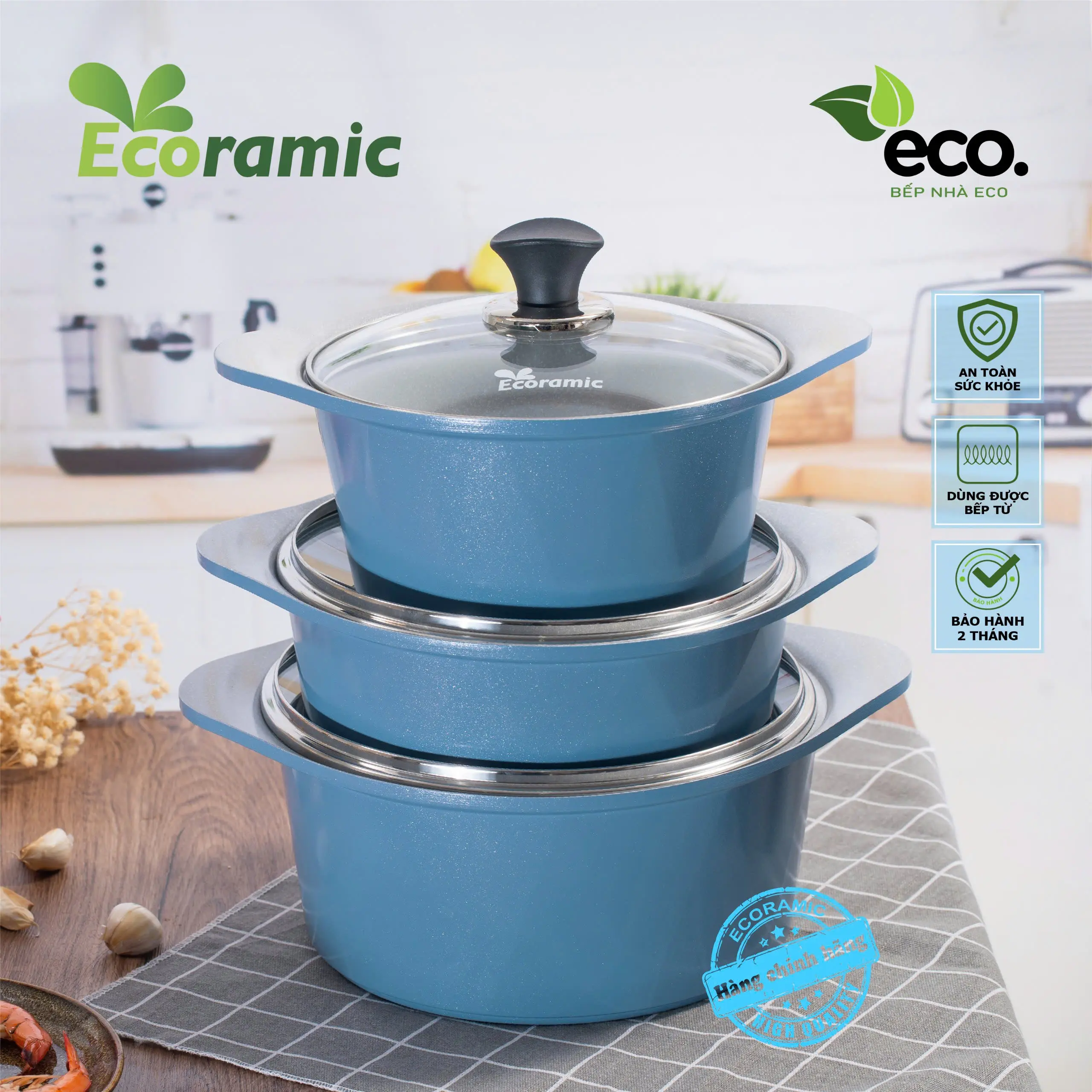 Bộ 3 Nồi Vân Đá Ecoramic Vine - Chống Dính Cao Cấp - Dùng cho mọi bếp