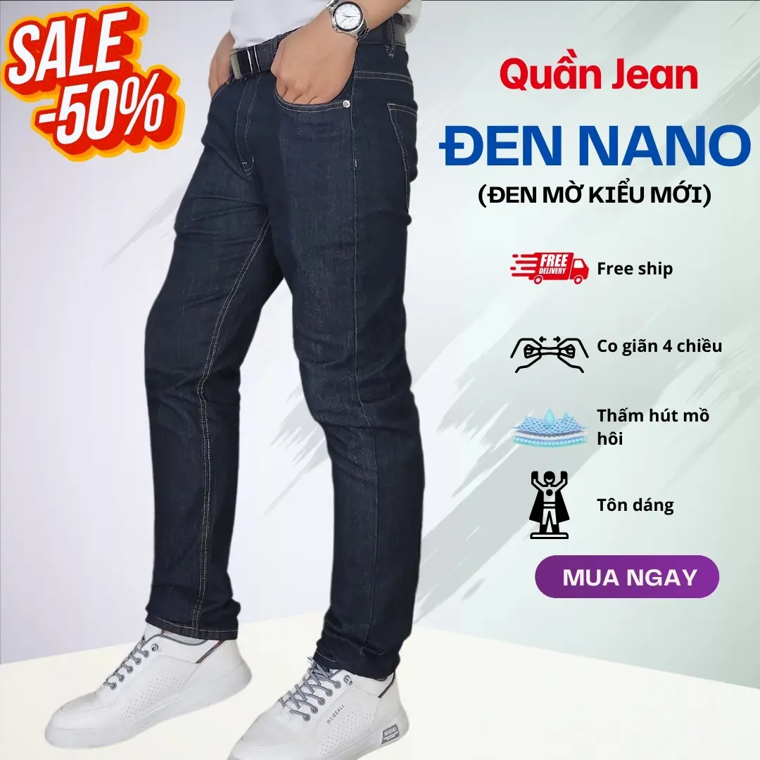 Quần Jean Đen, NANO, Chỉ Vàng, Co Giãn Chất Lượng Cao, Quần Nam Có Túi, Cho Nam