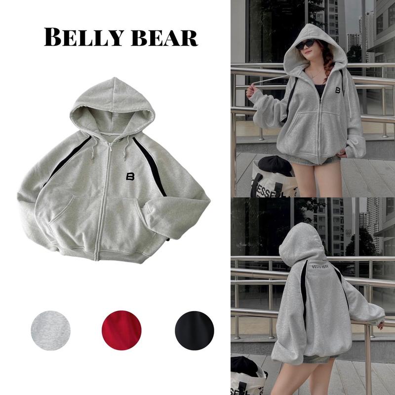 Áo Khoác Hoodie Zip Belly Bear Form Boxy Chữ Thêu B Unisex Nỉ Lót Bông