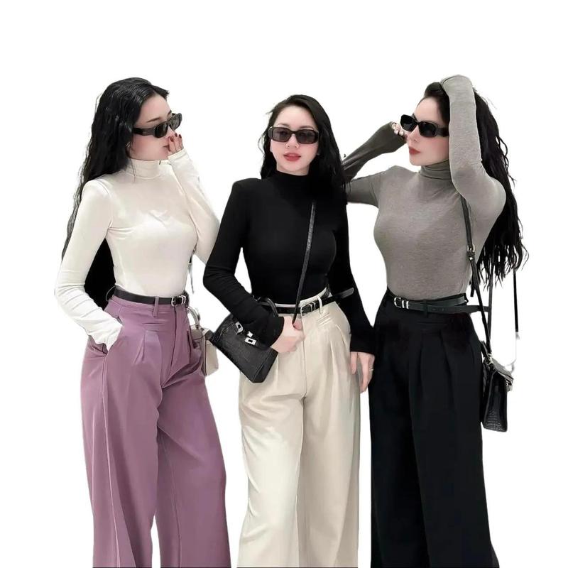 Áo thun nữ cổ lọ form dài ủ kem chất thun tăm ríp lụa mịn mát co giãn bốn chiều Hồng Sen Tím Trắng Xanh lá Xanh cốm Đen Nâu Vàng dưa cải