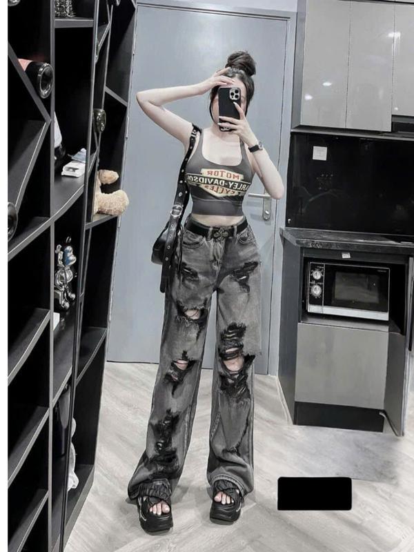 Quần jean dáng suông đen bạc hàng QC size S-XL mã 5560