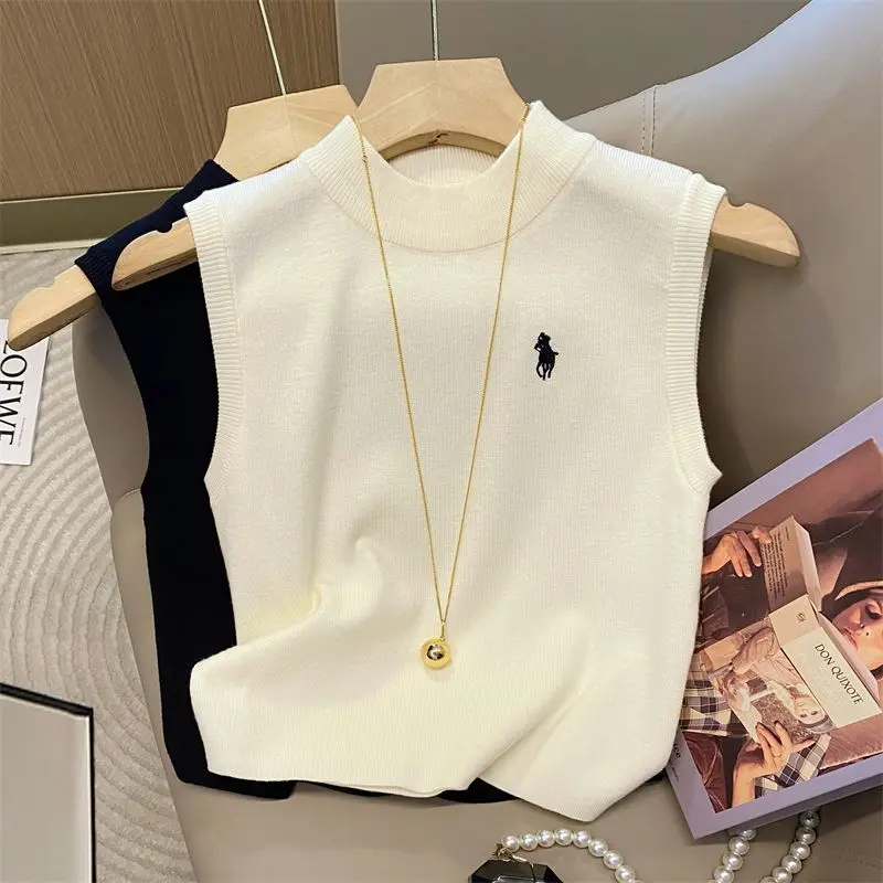 Áo Vest Dệt Kim Không Tay Cổ Lọ Nửa, Phong Cách Pháp, Dành Cho Nữ, Chất Liệu Mềm Mại Và Nếp, Thích Hợp Mặc Bên Trong Áo Cánh, Họa Tiết Cao Cấp Mềm Mại Và Nếp, Hàng Mới Về Mùa Hè 2024 Top Women