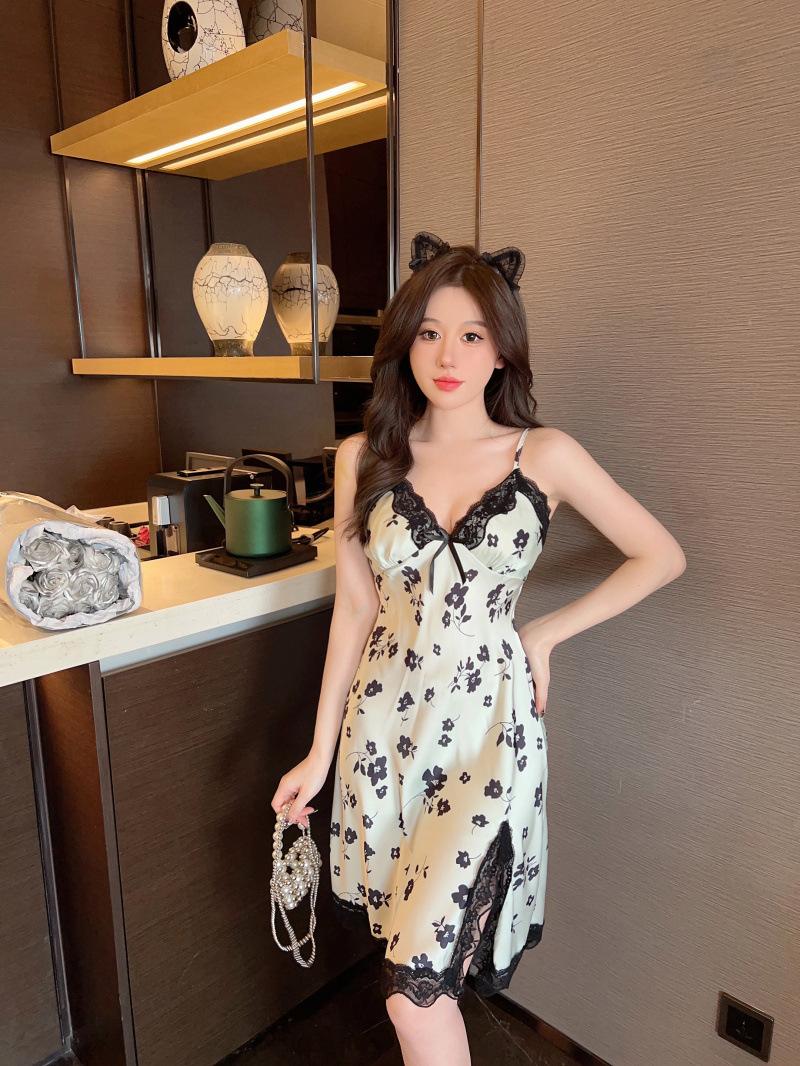 Product Introduction of 2025 Same Style Sexy Nightdress with Chest Pad Women's Summer Sling Artificial Silk High-Grade Pure Desire Style Home Wear 29