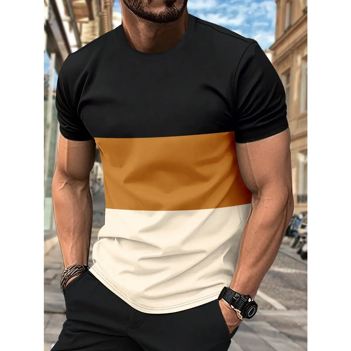 Áo Thun Colorblock Mùa Hè Cho Nam, Thoáng Khí Và Thoải Mái, Thích Hợp Cho Thể Thao Thường Ngày Thể Dục, Kỳ Nghỉ Bãi Biển, Áo Thun ngắn Tay, Cổ Tròn Menswear