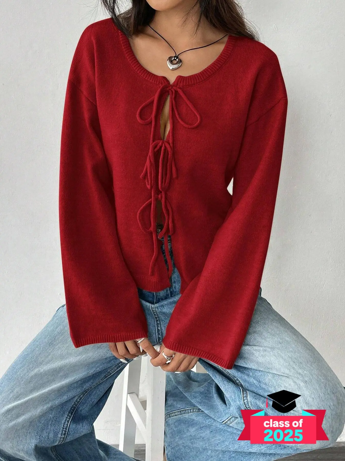 Women's Solid Tie Front Drop Shoulder Cardigan, Casual Long Sleeve Round Neck Jumper for Fall & Winter, Fashion Ladies' Knitwear for Daily Wear, Cardigans for Women