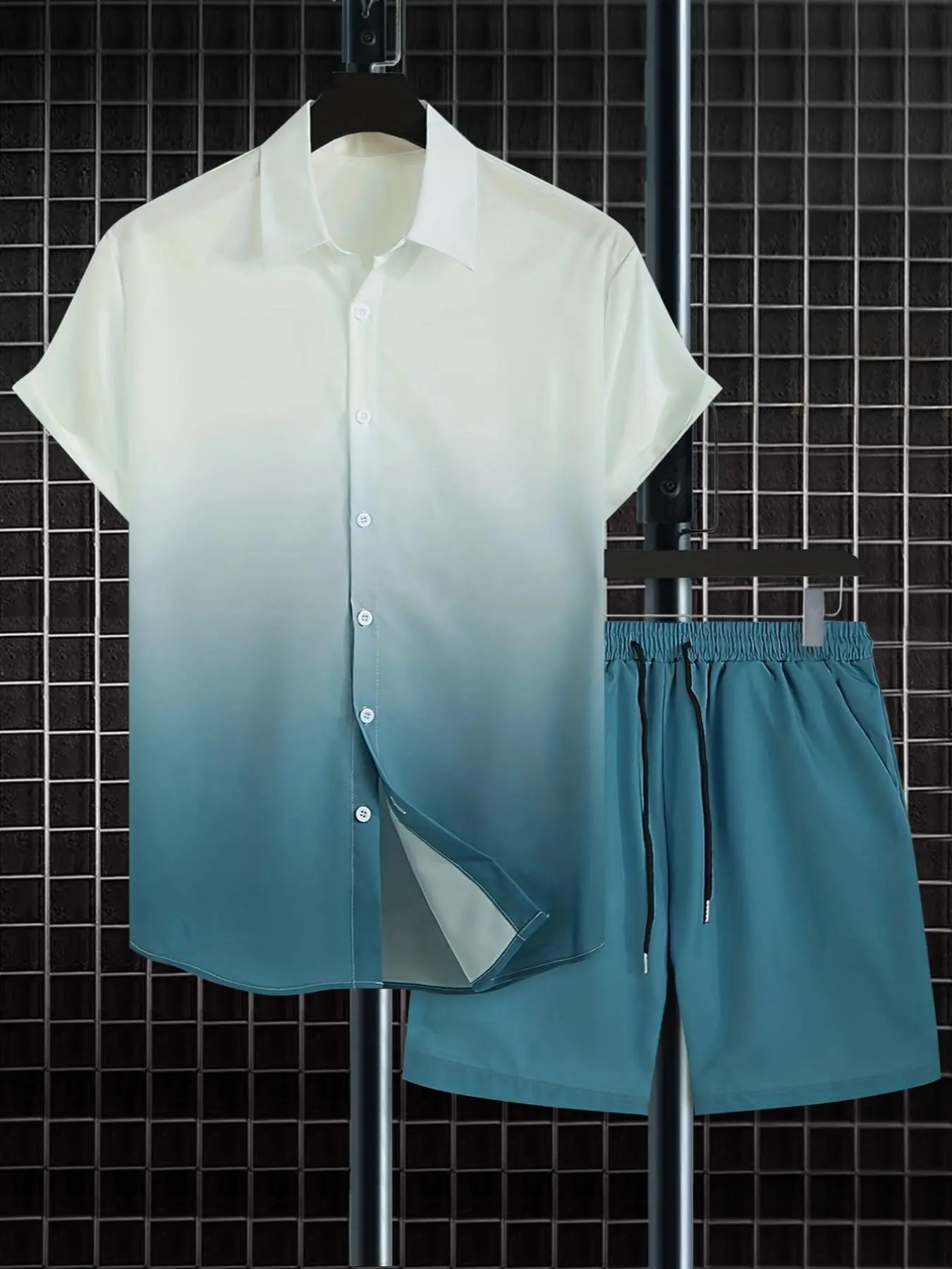 Two-Piece Set Men's Regular Fit Ombre Print Shirt & Drawstring Pocket Shorts Set, Summer Clothes, Color-block Button Down Shirt & Elastic Waist Shorts, Men Outfits for Summer Beach Vacation