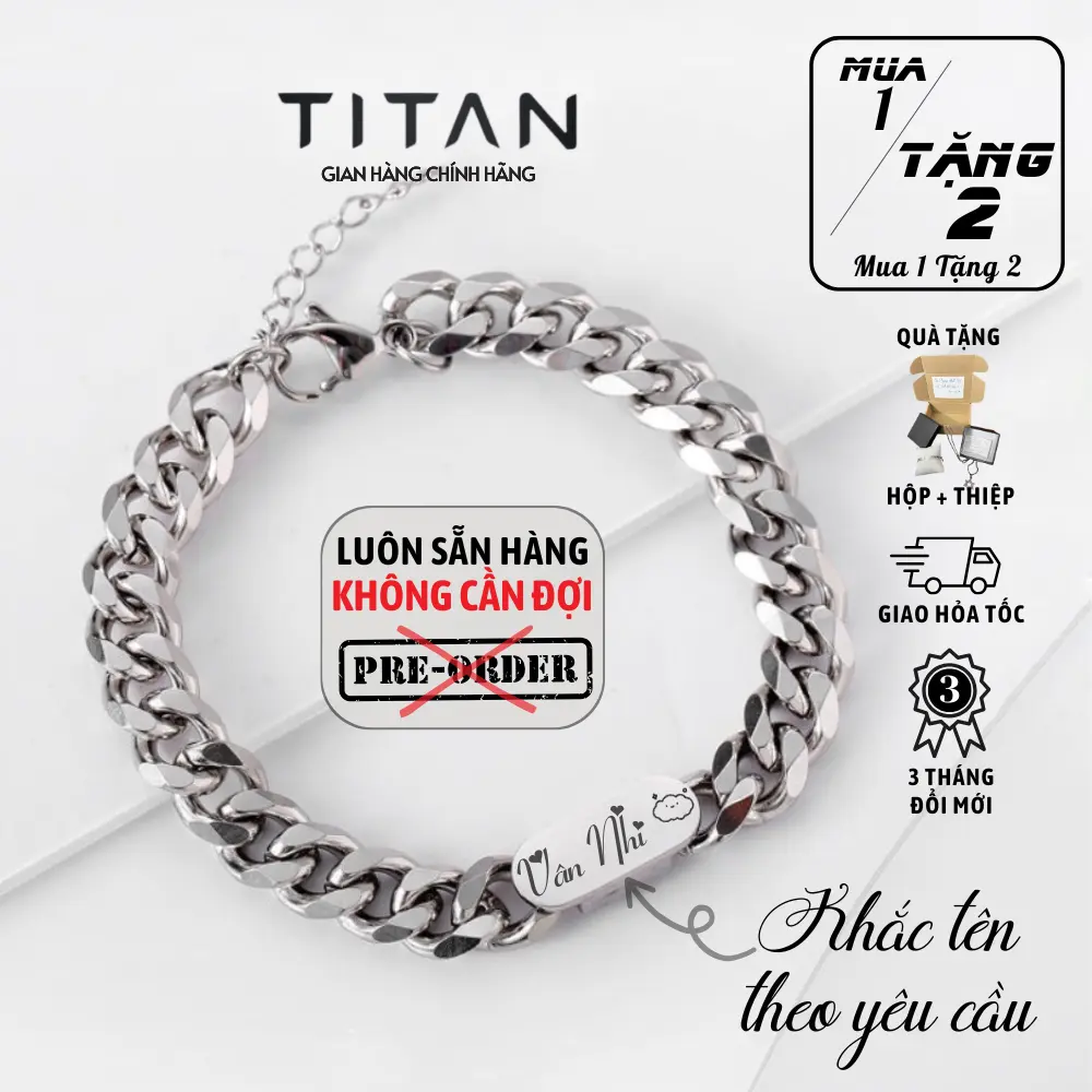 [Khắc Tên] Lắc tay ngắn nam nữ Khắc Tên theo yêu cầu có sẵn lấy ngay Titan Phụ Kiện Trang Sức, bracelet Cuba Short Square