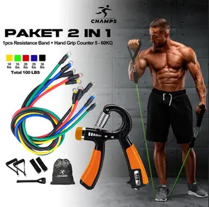 CHAMPS Paket 2in1 Resistance Band 10-60Kg + Hand Grip 5-60Kg | Alat Fitness Otot Lengan & Tangan Portable Awet untuk Gym & Olahraga Rumah