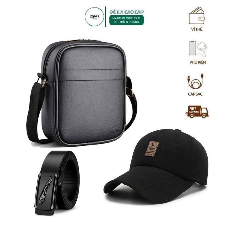 COMBO 3 món: 1 túi đeo chéo da  - 1 mũ nam - 1 thắt lưng mạ kim loại zin3 Veluci