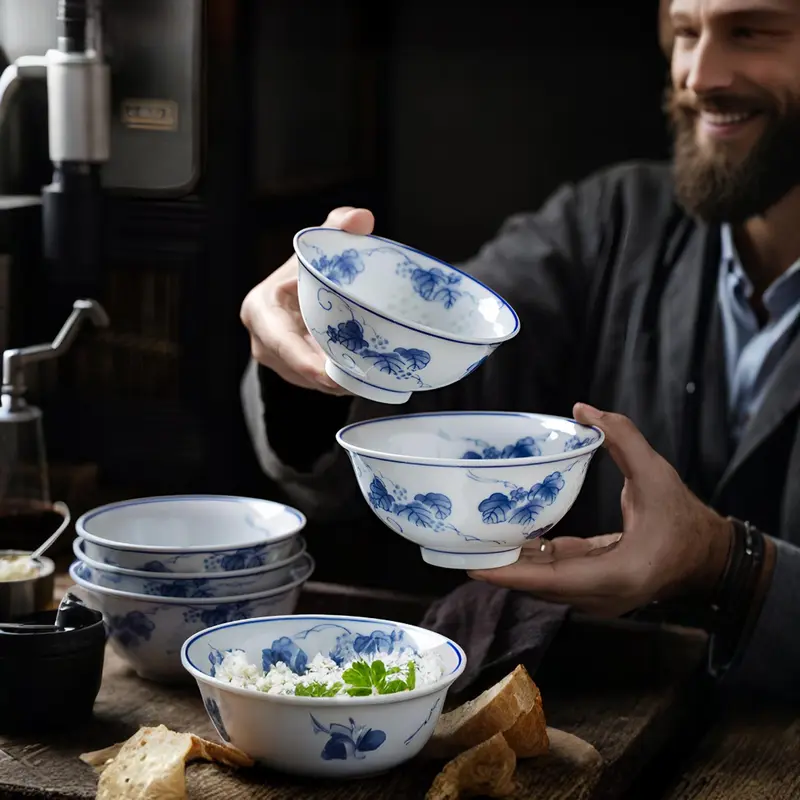 Chinese Style Porcelain Bowl Set, 1 Set Exquisite Blue and White Ceramic Bowl, Household Rice Bowl, Small Soup Bowl, Noodle Bowl, Salad Bowl 0