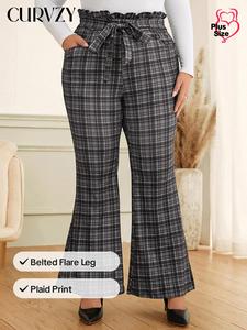 CURVZY Plus Size Plaid Print Belted Flare Leg Pants, Casual Pocket Bell Bottom Trousers for Daily Wear, Women's Bottoms for All Seasons