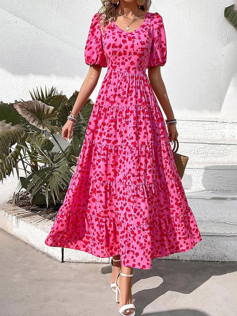 Product Introduction of Women's Ditsy Floral Print Puff Sleeve Shirred Tie Back A Line Dress, Boho Fashion Backless Ruffle Hem Long Dress for Daily Holiday Vacation Wear, Ladies Dress for Spring Fall 4
