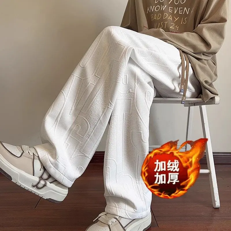 [Store Hot Sale] American Vibe Fashion Brand Jacquard Sweatpants Men's Autumn and Winter Fleece-lined High Street Straight Casual Pants Loose Wide Leg Sports Pants Fasciitis