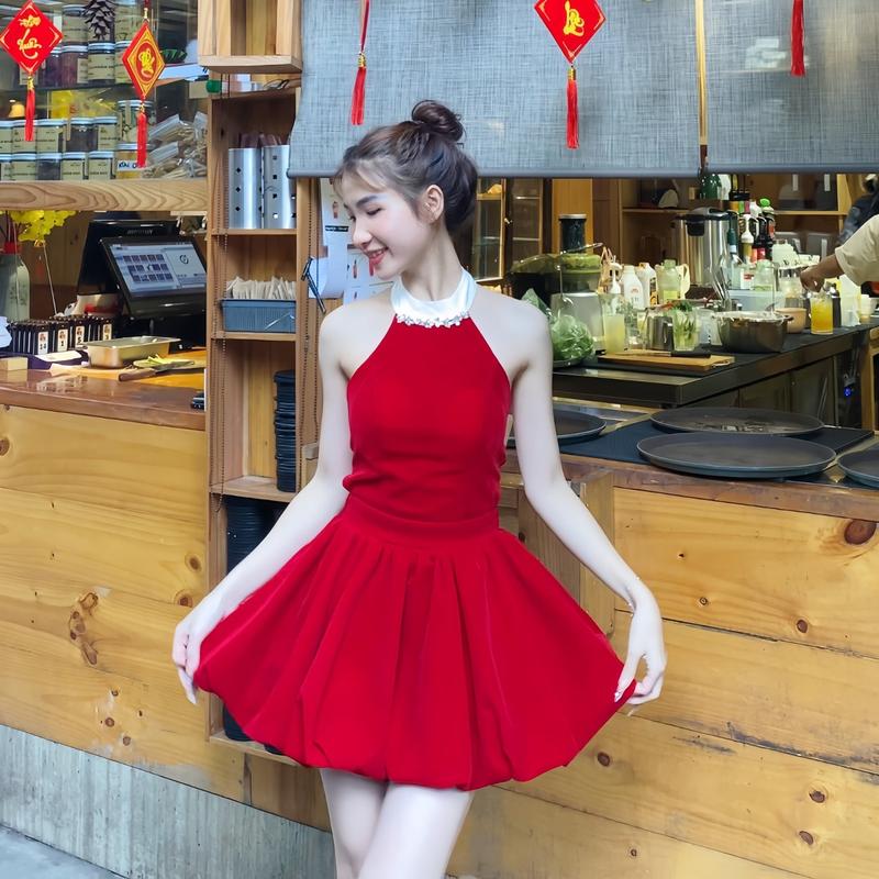   XẢ KHO  ĐẦM NHUNG CỔ YẾM PHỐI  ĐÁ KHÁNH  VY STONE- 41254 Nữ Women Dress 