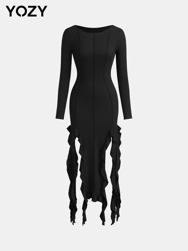 YOZY Women's Ribbed Long Sleeve Dress, Solid Color Bodycon Dress, Women's Clothing for Daily Wear 0