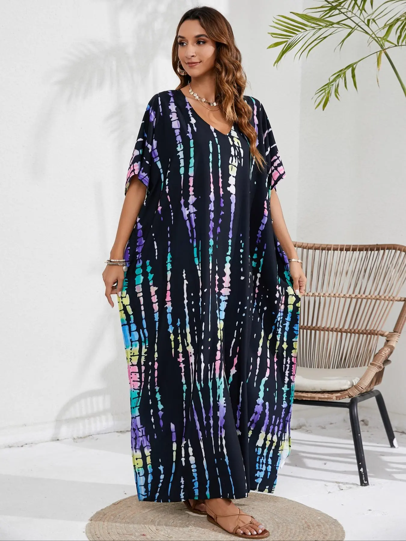 Arabic Clothing-Plus Batwing Sleeve Split Arabian Dress, Summer Clothes Women, Dresses Summer, Boho Casual V Neck Dress for Vacation, Women's Islamic Clothing
