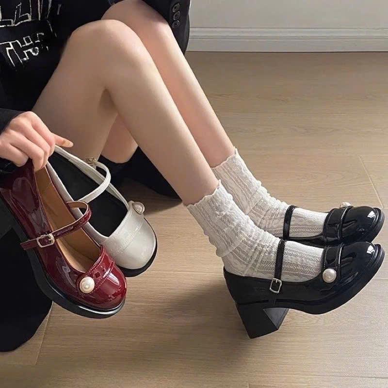 FORM RỘNG LÙI 1 SZ Giày Đốc Nữ Đế Cao 5P Đính Ngọc Tiểu Thư Giày Mary Jane Phong Cách Hàn Quốc Shoes