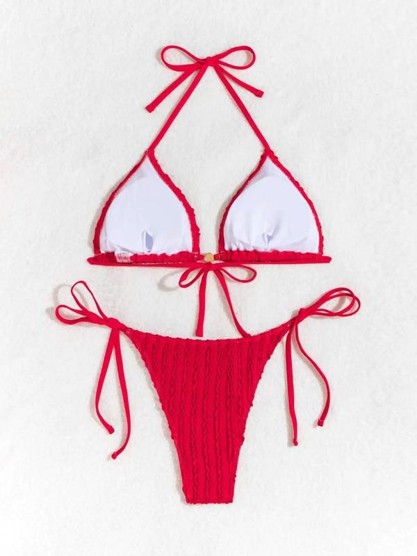 Two-Piece Set Women's Textured Triangle Bra & Knotted Swim Bottom Bikinis Set, Casual Halter Neck Backless Swim Top & Tie Side Swim Bottom Two-piece Swimsuit For Summer, Fashion Women's Swimwear For Beach Holiday Vacation 8