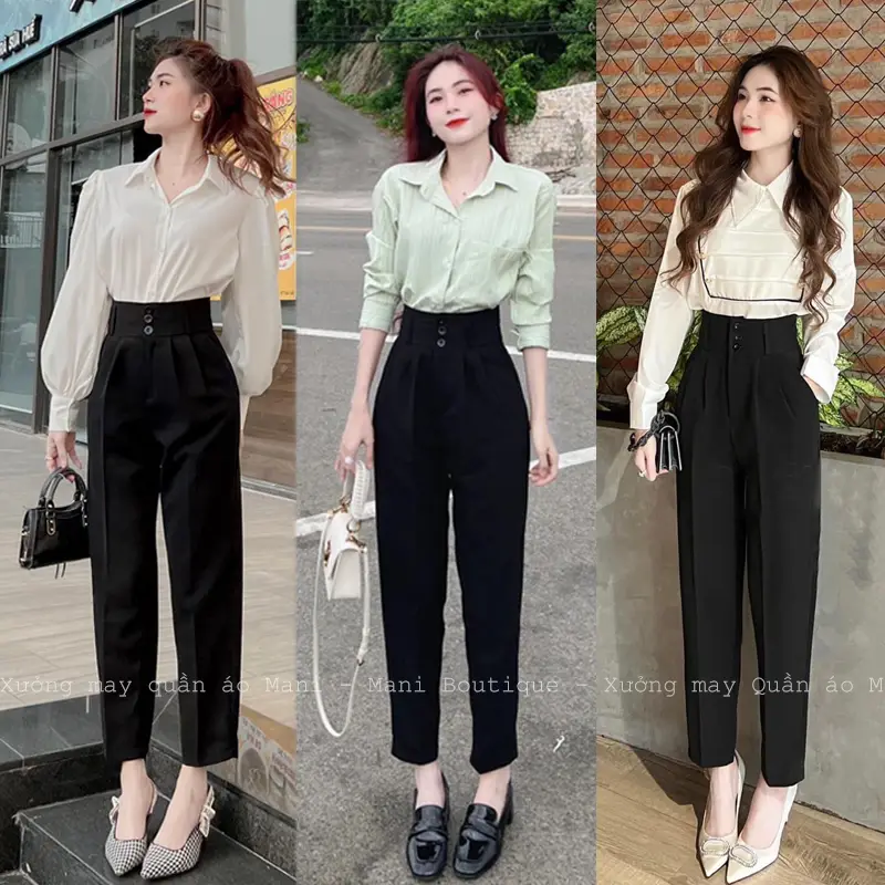 Quần Tây Baggy Nữ Cạp Cao 3 Cúc Màu Đen Kem Chất Vải Tuyết Mưa Dày Dặn QD633 - 1