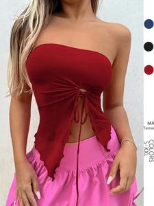 Top tipo tubo de color sólido para mujer con cordón ajustable y dobladillo dividido, top casual de dobladillo asimétrico para verano, ropa de damas para uso diario