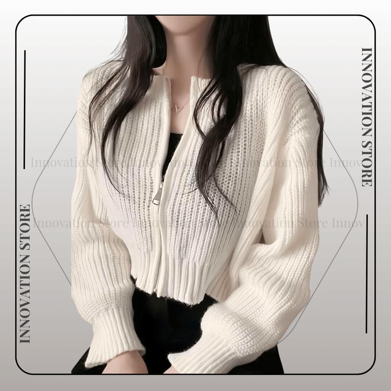 Áo Khoác Len INNO Croptop Trơn Khóa Kéo Form Rộng TA-3768 Nữ Women