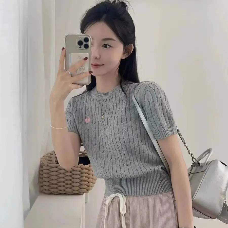 Áo Len Thêu Nữ Phong Cách Hàn Quốc, Cổ Tròn, Dệt Kim Cáp, ngắn Tay, Áo Thun, Cho Nữ, Bộ Sưu Tập Xuân Hè 2024