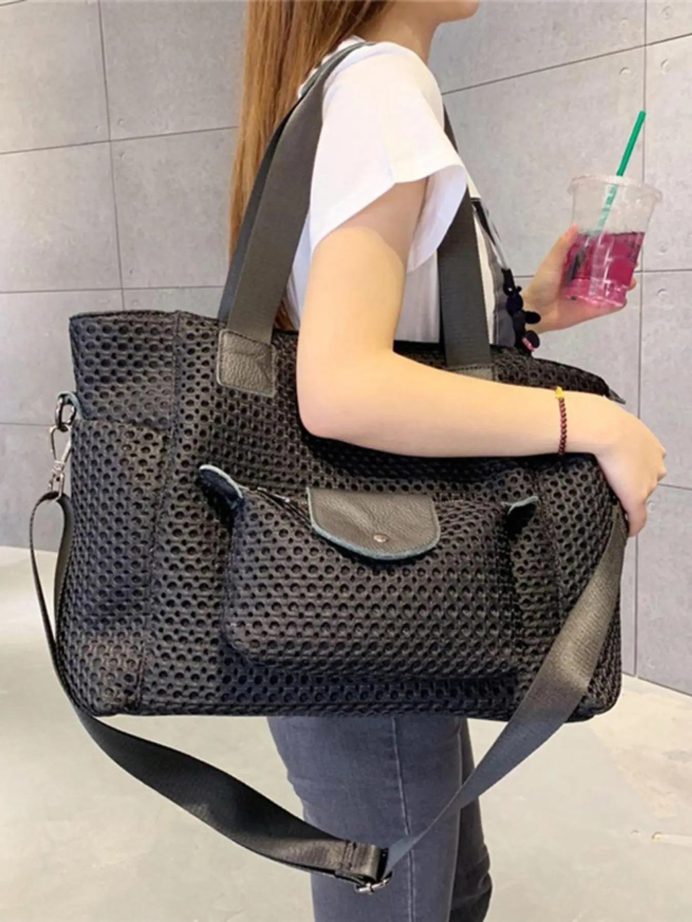 Women's Large Capacity Geometric Pattern Zipper Shoulder Bag, Lightweight Travel Handbag, Fashionable Commuter Bag, Daily Clothing Decor