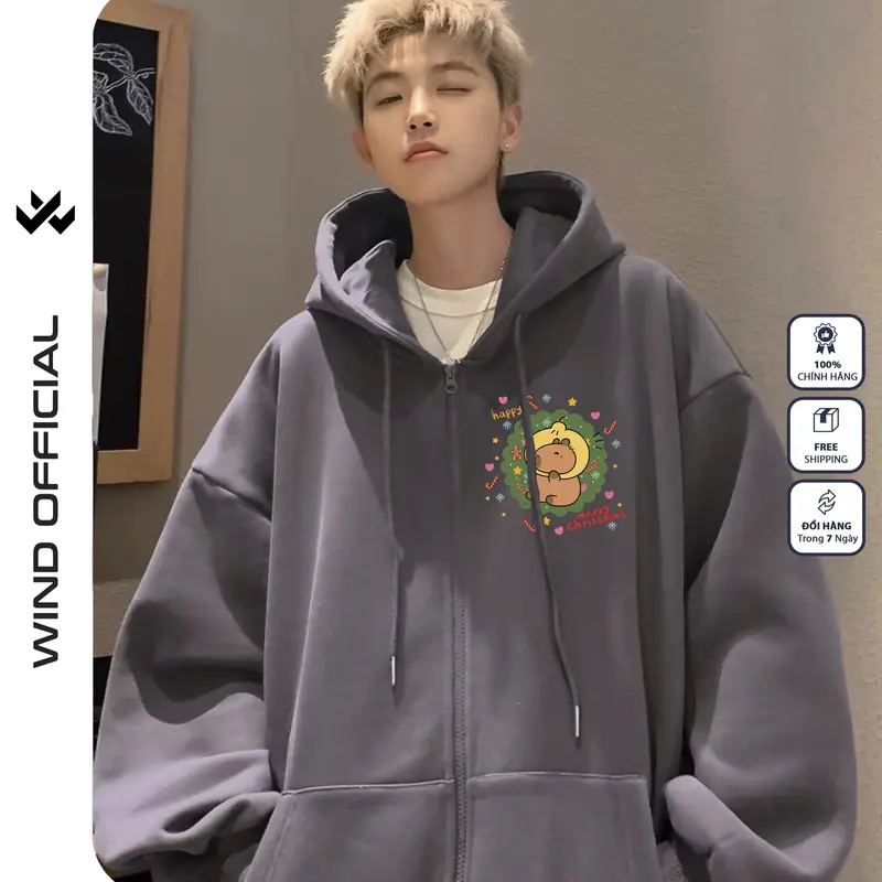 Áo hoodie unisex form rộng WIND Capybara Merry Christmas hoodie nút bấm thời trang nam nữ nỉ bông oversize Menswear Dài Tay Tay Dài 1