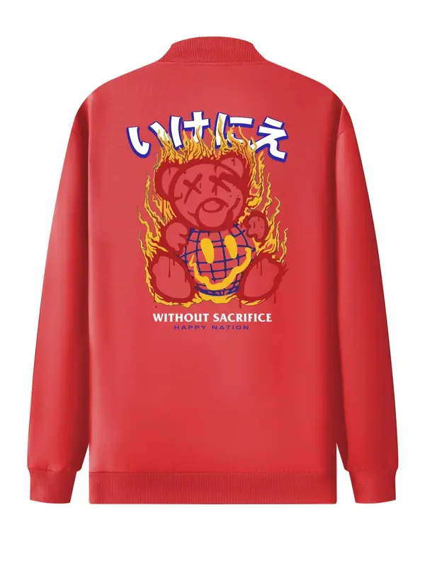 Men's Cartoon Bear & Fire & Letter Print Pocket Zip Up Bomber Jacket, Regular Fit Casual Long Sleeve Mock Neck Outerwear for Fall & Winter, Men's Clothes for Daily Wear 5