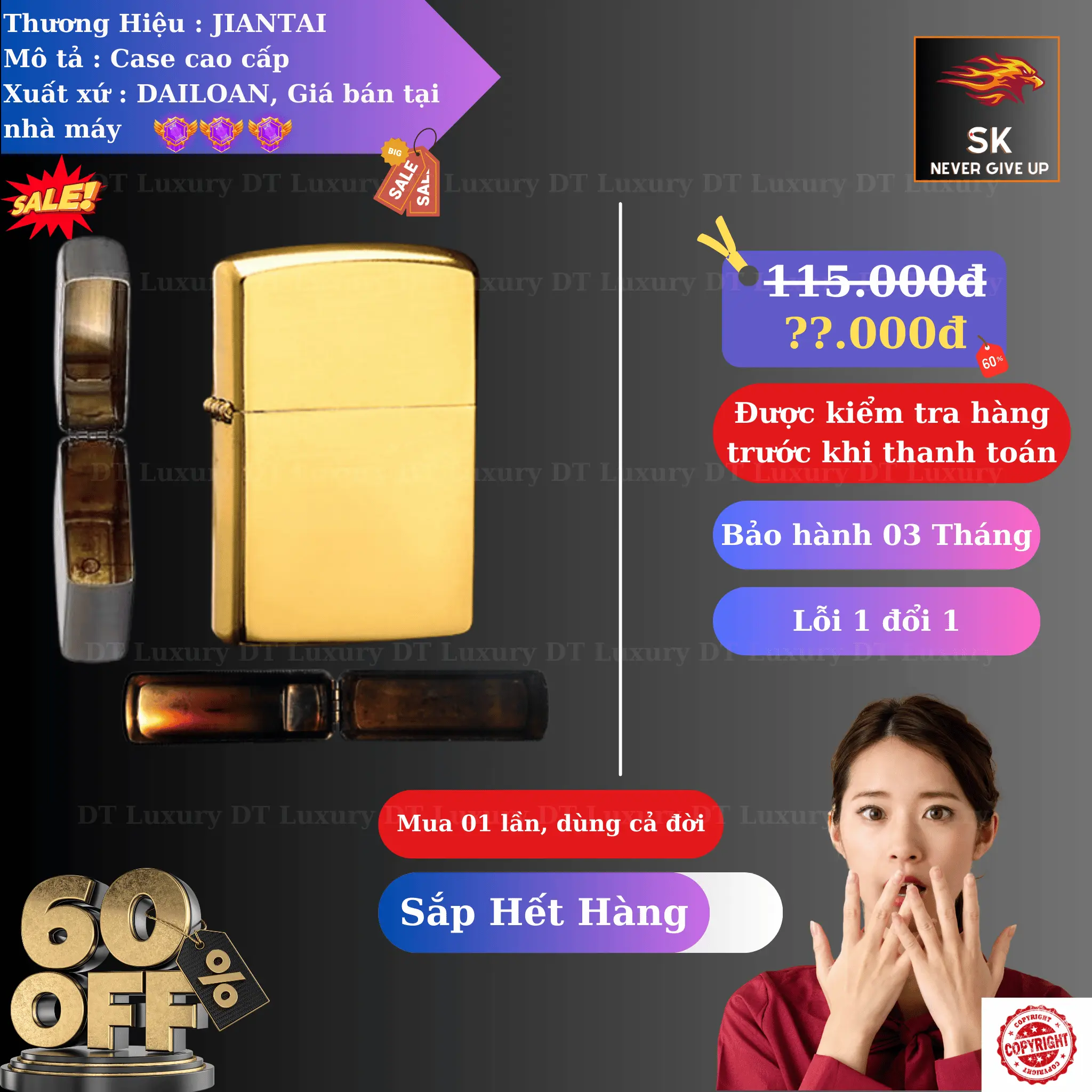 Case Quẹt lửa classic (JT-102) Chất liệu đồng bạch ( Không bao gồm nhiên liệu )
