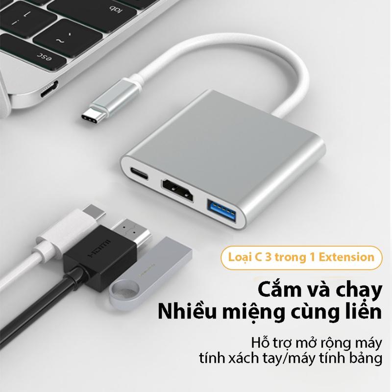 Bộ Chuyển Đổi USB C sang HDMI, 3 trong 1, Trung tâm màn hình 4K hợp kim nhôm, với cổng USB 3.1 và đế sạc, Tương thích với MacBook, Chromebook, Máy tính xách tay, Máy tính bảng, Máy chiếu, TV