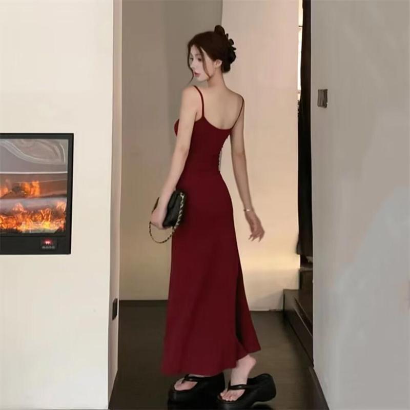 Product Introduction of Summer Dress Hot Girl Elastic Strap Dress Women Sleeveless Off-Shoulder Waist-Cinching One-Shoulder Base Long Dress 6