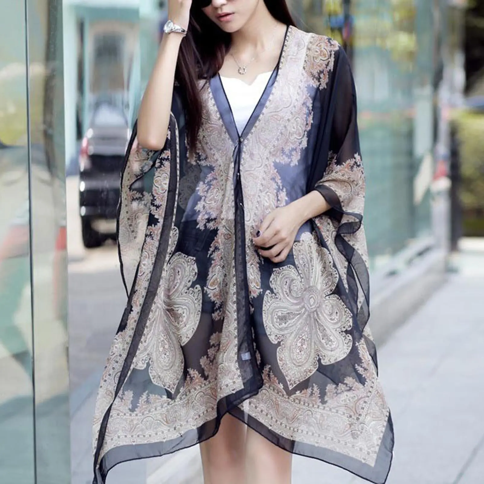 Kardigan sifon dengan lengan panjang untuk wanita, gaun pantai musim panas, blaus, pakaian renang, pelindung matahari, K2B7