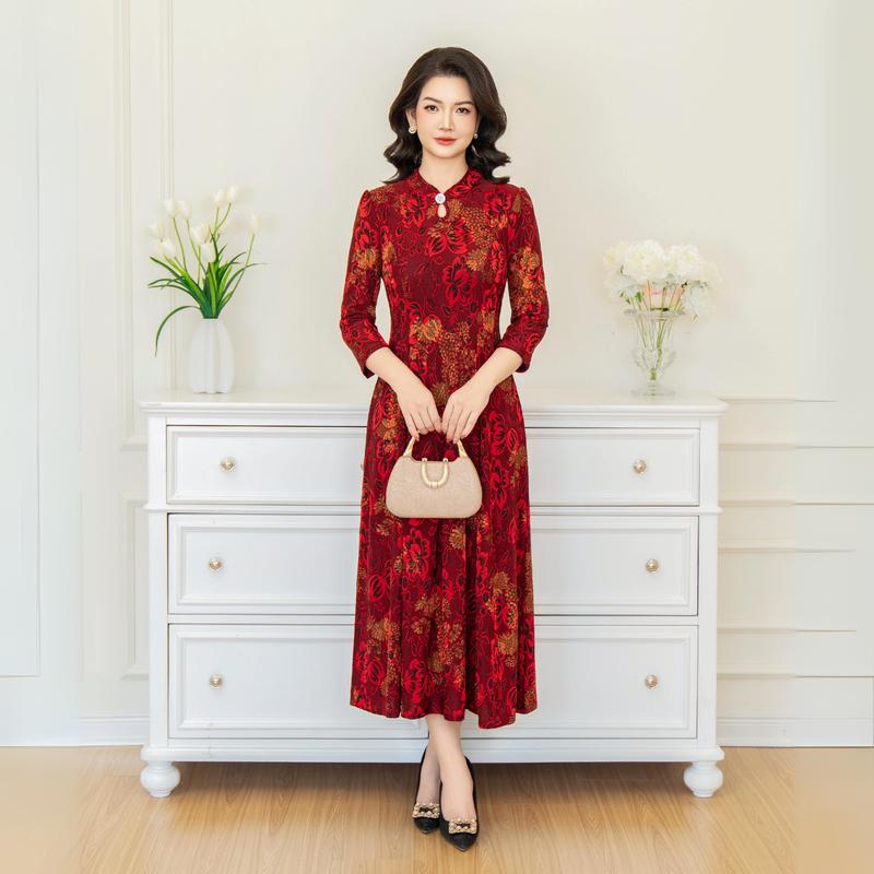  Đầm trung niên tặng mẹ đi tiệc LYBEE LV947 bigsize từ 45-80kg chất liệu thun kim sa co giãn 4 chiều Nữ Women 