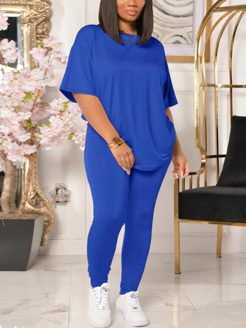 Product Introduction of 【Plus Size】 Solid Color Tee & Skinny Pants Two-Piece Set, Casual Round Neck T-Shirt & Trousers for Daily Wear, Women's Two-Piece Set for All Seasons 4