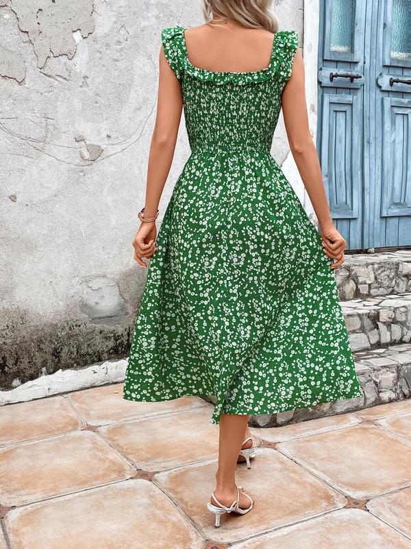 Women's Ditsy Floral Print Ruffle Hem Shirred Dress, Boho Scoop Neck Midi A-line Dress for Holiday Vacation, Summer Clothes Women, Ladies Summer Clothes 1