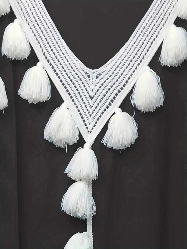 Women's Patchwork Fringe Trim Batwing Sleeve Arabian Robe Dress, Elegant V Neck Half Sleeve Long Dress for Daily Wear, Ladies Islamic Clothing for All Seasons 6