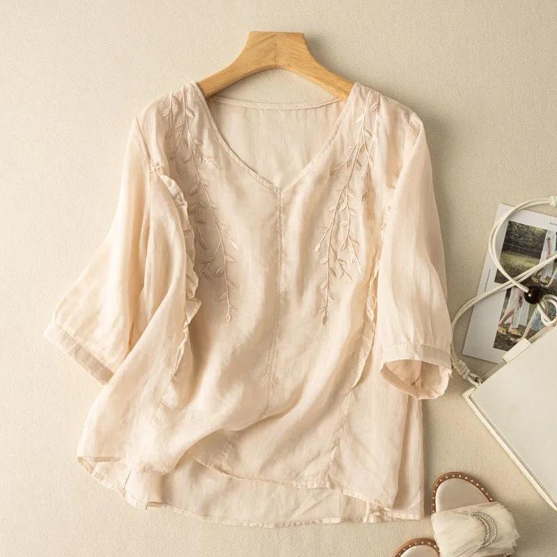Áo Cotton Và Vải Lanh Thêu Mới, Áo Dáng Rộng, Thanh Lịch, Nghệ Thuật, Retro, Tay Áo Cắt Xén, Phong Cách Trung Quốc, Thường Ngày, Đa Năng, Mùa Hè Top Nữ Sơ Mi Women 1