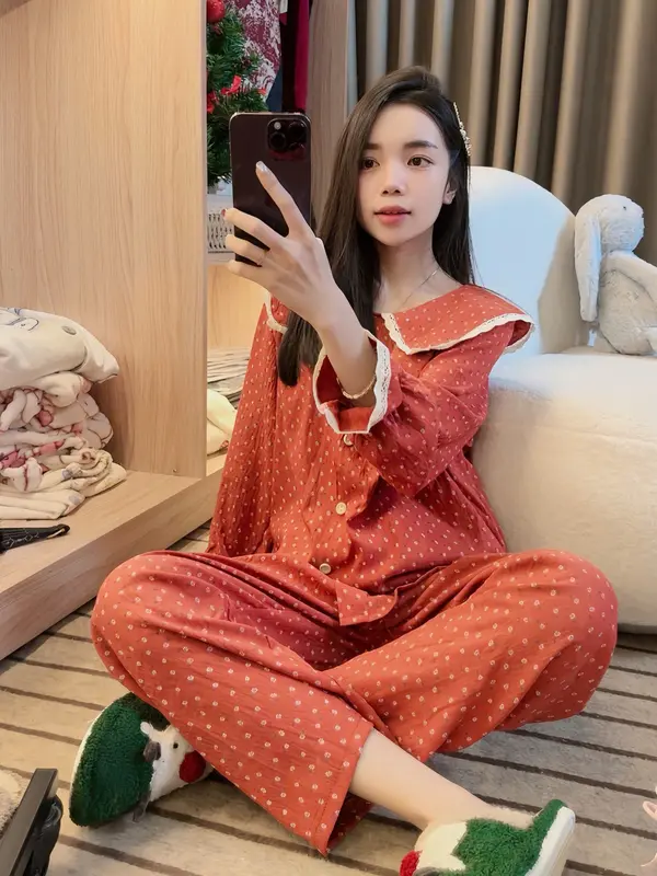 Bộ đồ ngủ cổ bèo ren họa tiết hoa nhí phong cách tiểu thư Hàn Quốc cho nữ - Women 0